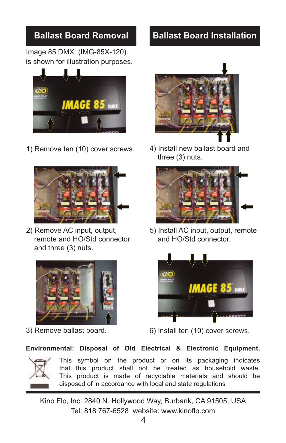 4ballast board removal ballast board installation | Kino Flo VG4R Ballast Board User Manual | Page 4 / 4