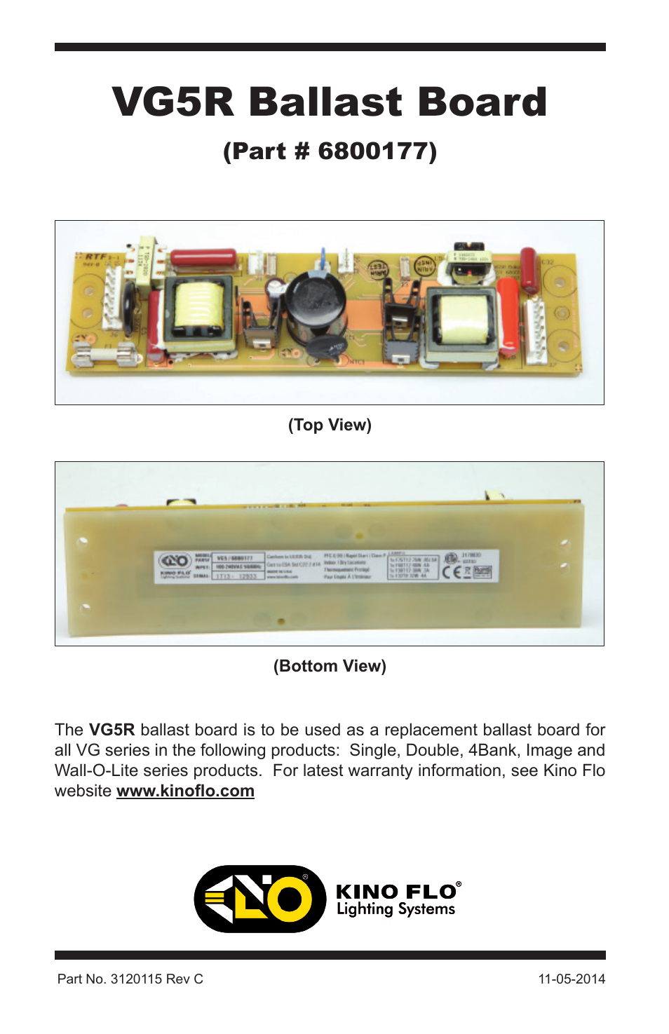 Kino Flo VG5R Ballast Board User Manual | 4 pages