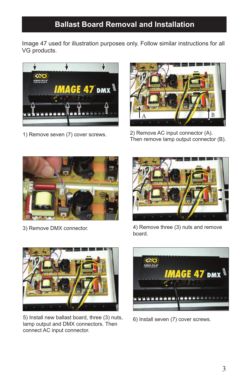 Ballast board removal and installation | Kino Flo VG5R Ballast Board User Manual | Page 3 / 4