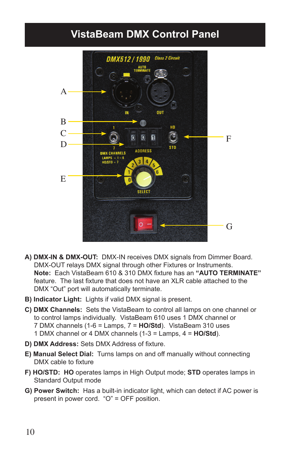 Vistabeam dmx control panel | Kino Flo VistaBeam 600/300 DMX User Manual | Page 10 / 20