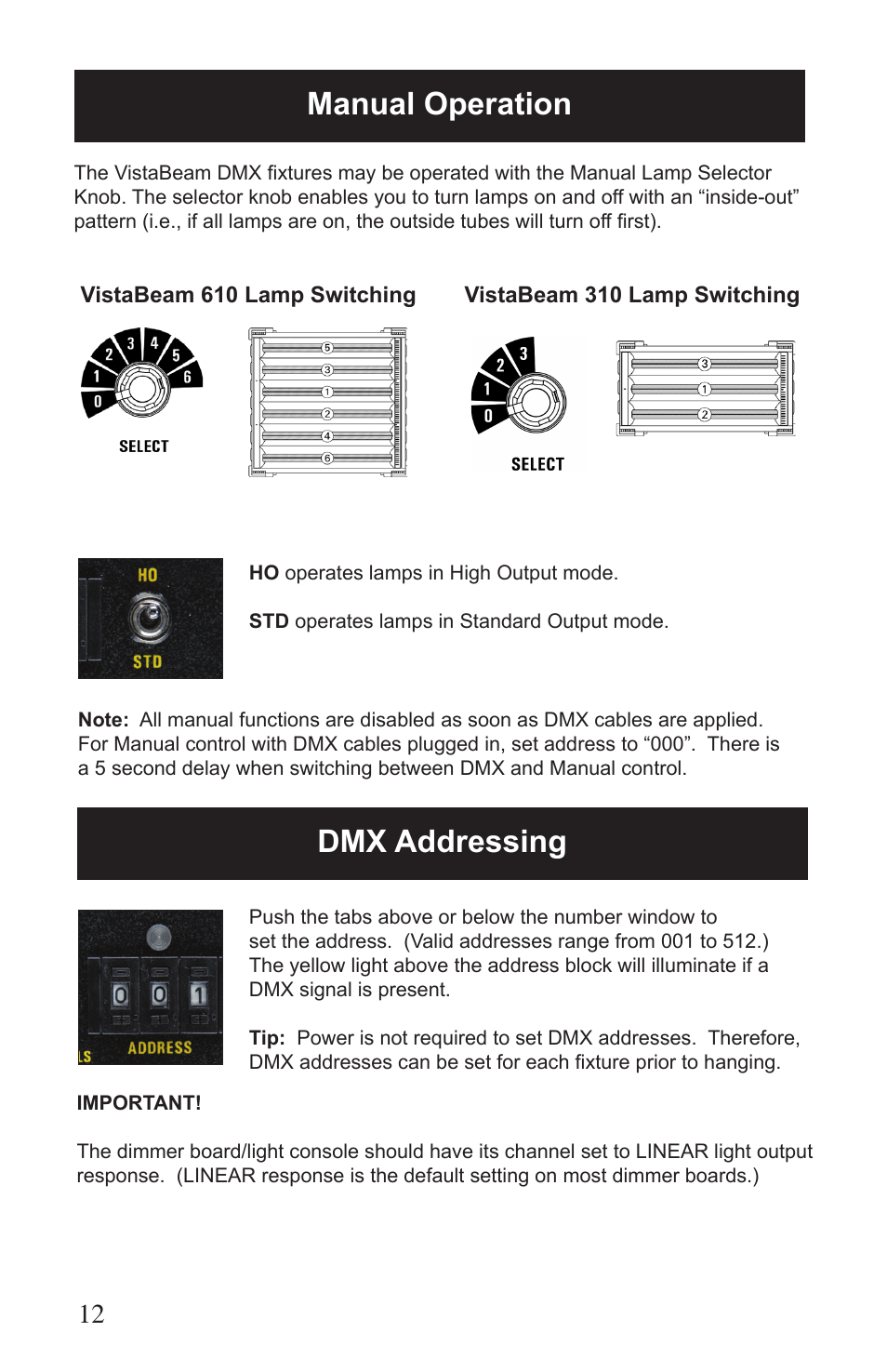 Dmx addressing, Manual operation | Kino Flo VistaBeam 600/300 DMX User Manual | Page 12 / 20