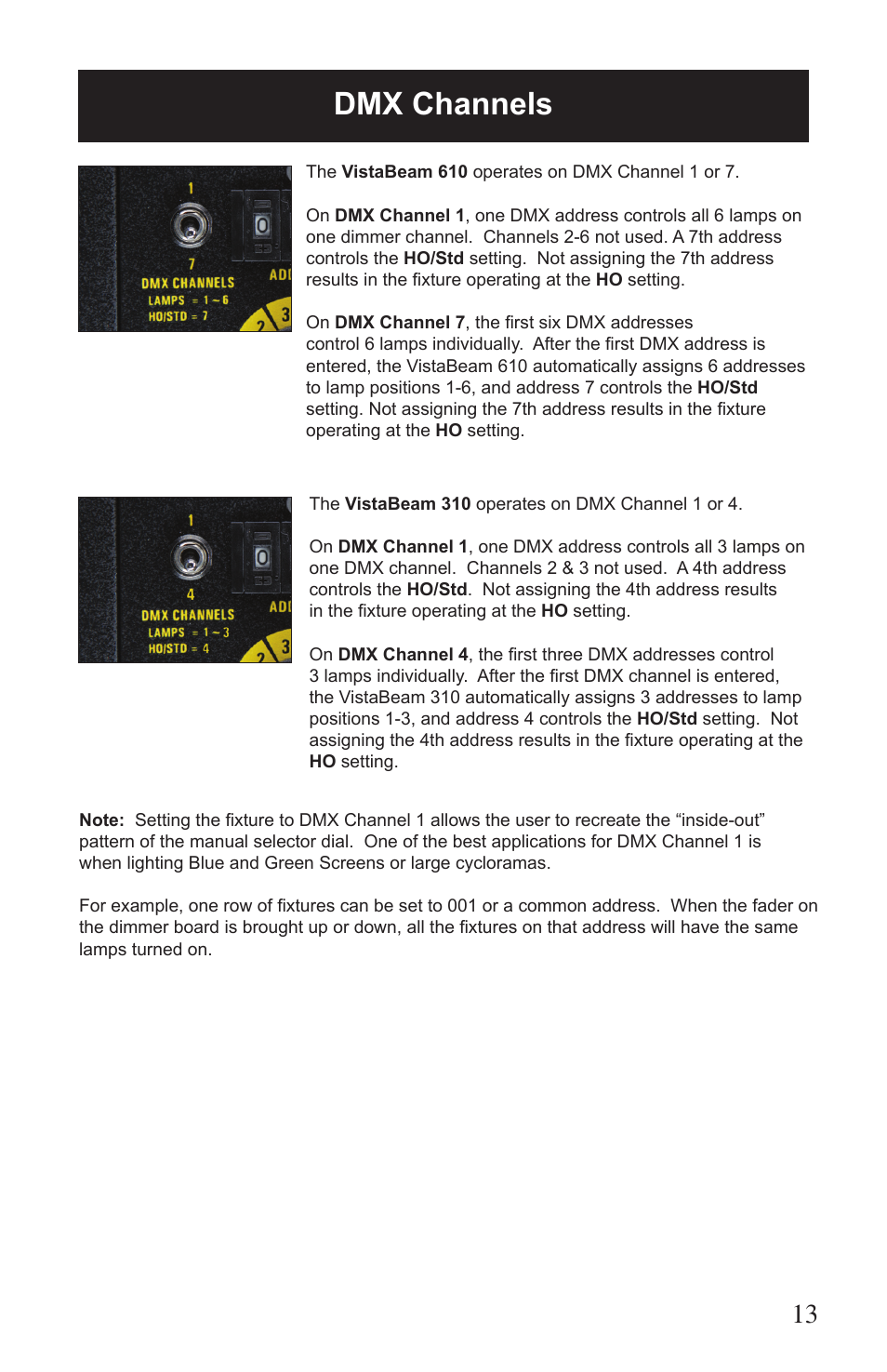 Dmx channels, Vistabeam 310 lamp switching | Kino Flo VistaBeam 600/300 DMX User Manual | Page 13 / 20