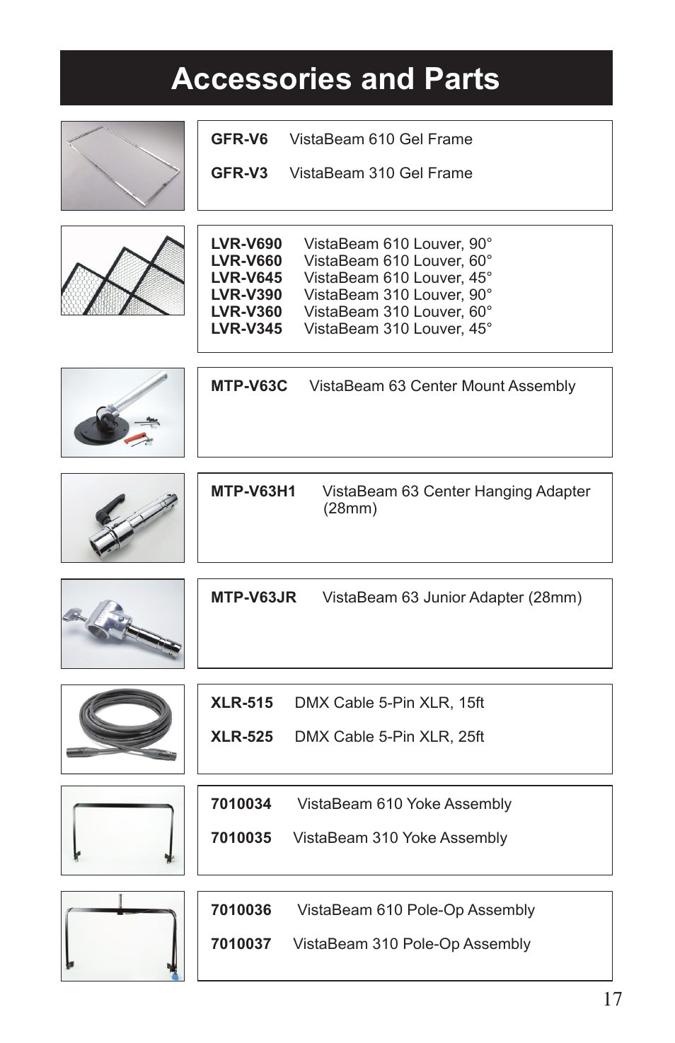Accessories and parts | Kino Flo VistaBeam 600/300 DMX User Manual | Page 17 / 20