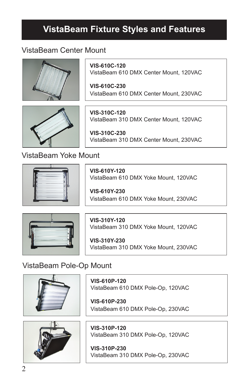Vistabeam fixture styles and features | Kino Flo VistaBeam 600/300 DMX User Manual | Page 2 / 20