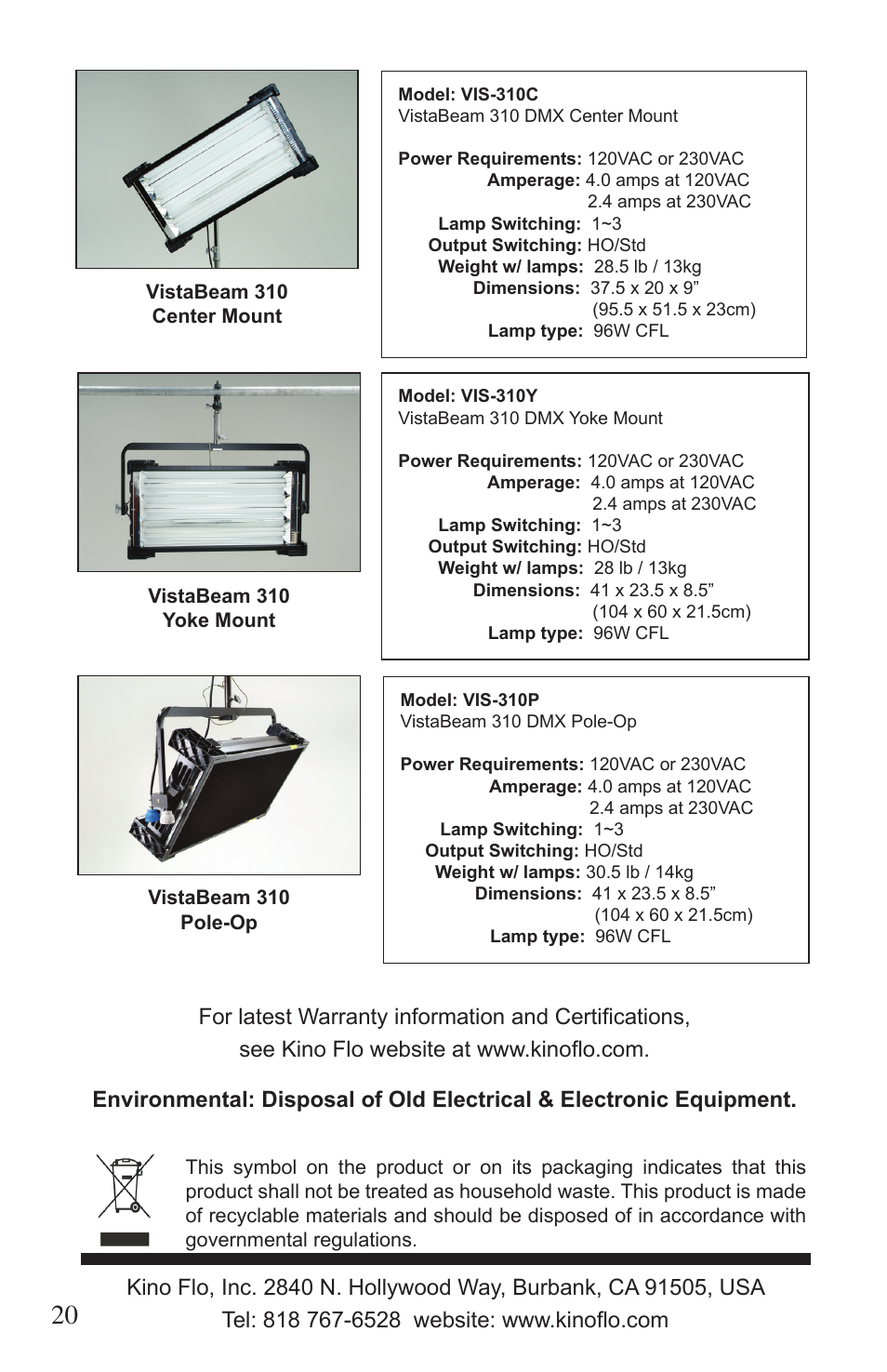 Kino Flo VistaBeam 600/300 DMX User Manual | Page 20 / 20