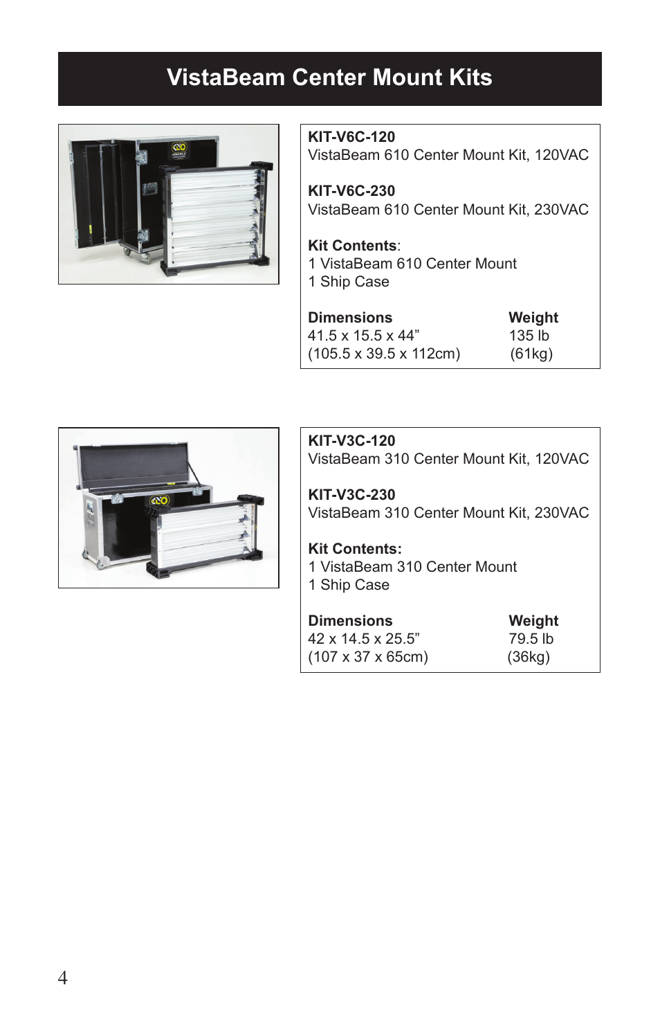Vistabeam center mount kits | Kino Flo VistaBeam 600/300 DMX User Manual | Page 4 / 20