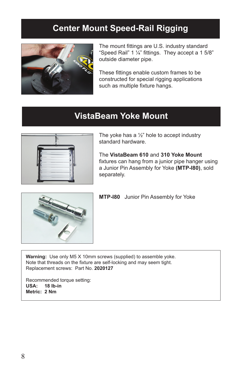 Vistabeam yoke mount, Center mount speed-rail rigging | Kino Flo VistaBeam 600/300 DMX User Manual | Page 8 / 20