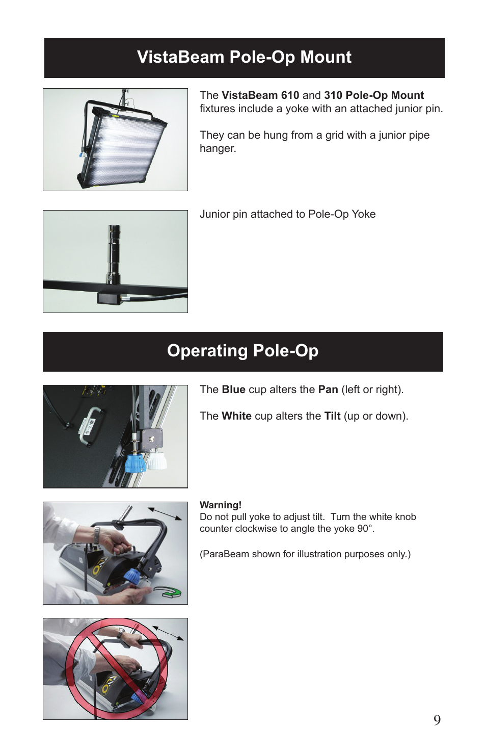 Operating pole-op vistabeam pole-op mount | Kino Flo VistaBeam 600/300 DMX User Manual | Page 9 / 20