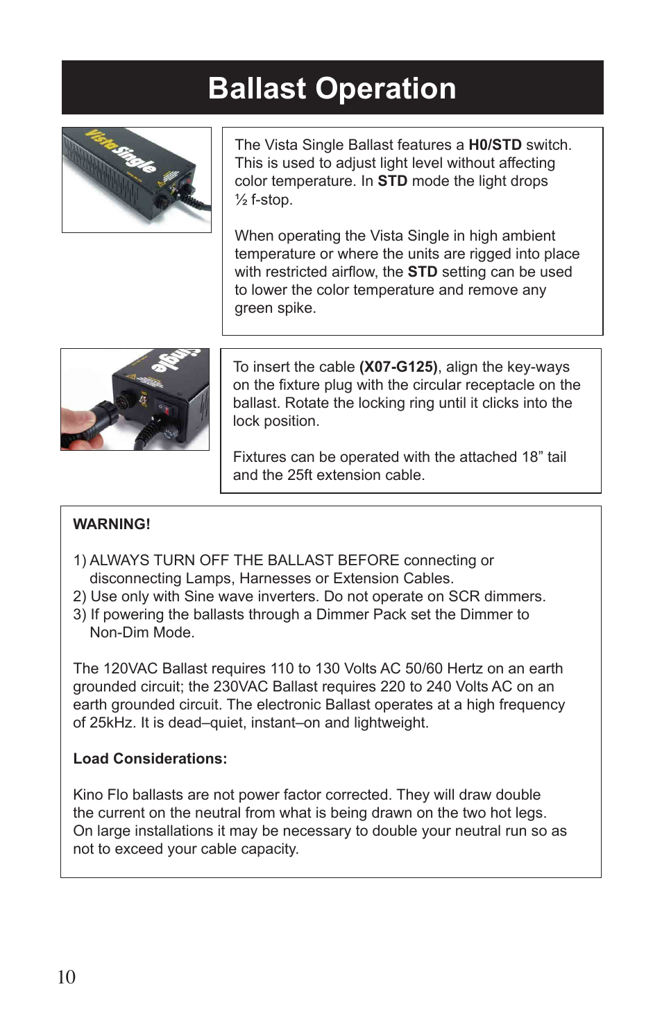 Ballast operation | Kino Flo Vista Single User Manual | Page 10 / 16