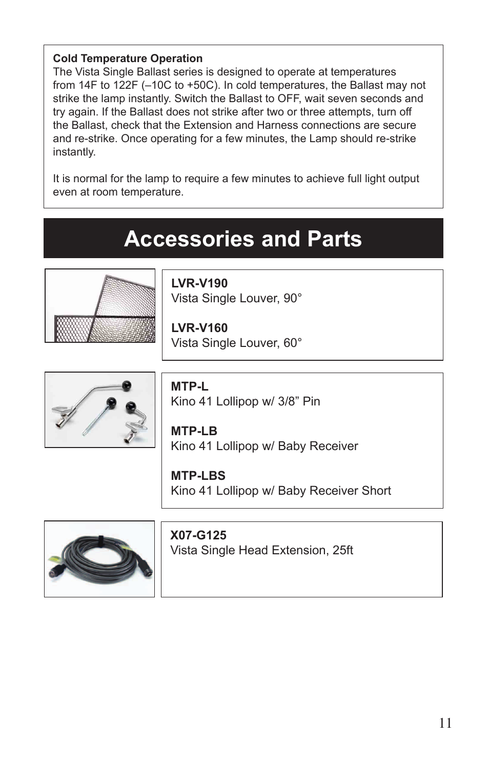 Accessories and parts | Kino Flo Vista Single User Manual | Page 11 / 16