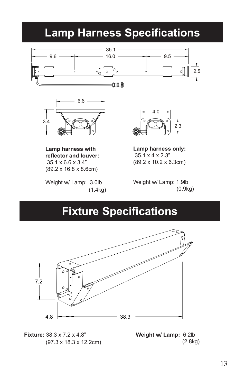 Lamp harness specifications, Fixture specifications | Kino Flo Vista Single User Manual | Page 13 / 16