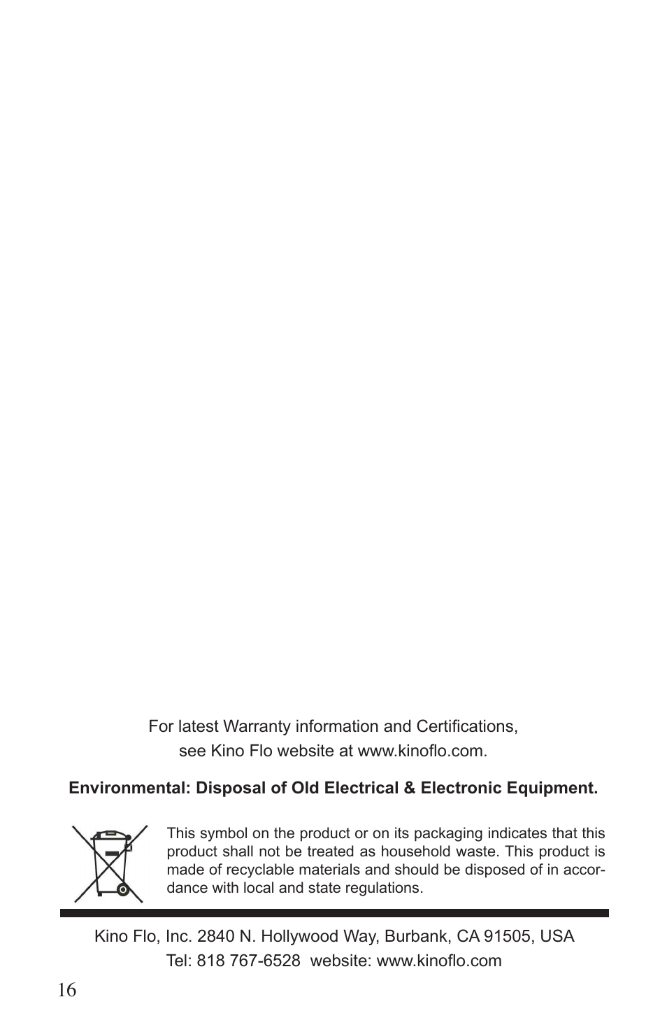 Kino Flo Vista Single User Manual | Page 16 / 16