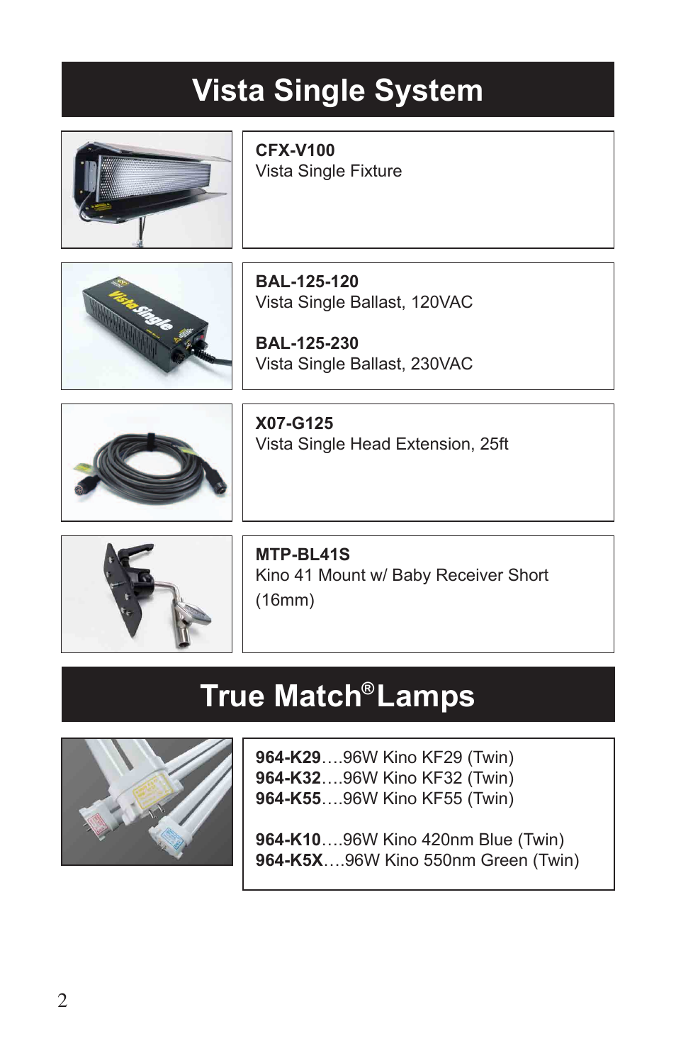 Vista single system, True match, Lamps | Kino Flo Vista Single User Manual | Page 2 / 16