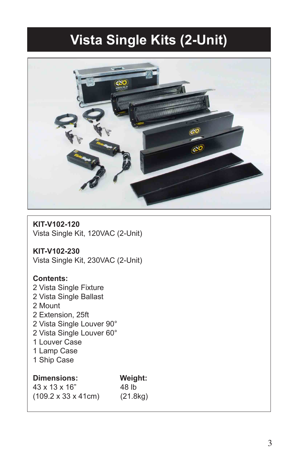 Vista single kits (2-unit) | Kino Flo Vista Single User Manual | Page 3 / 16