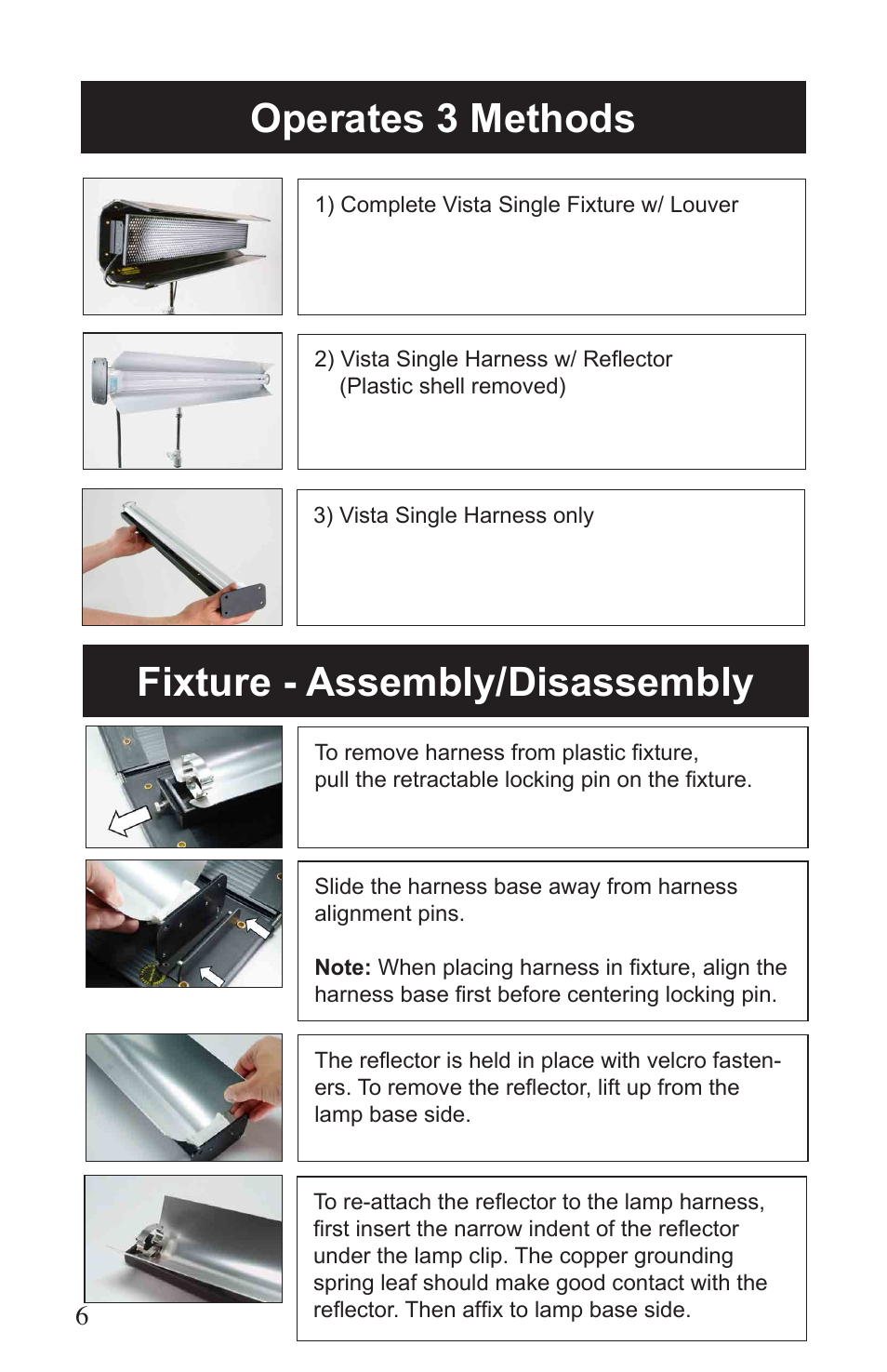 Operates 3 methods, Fixture - assembly/disassembly | Kino Flo Vista Single User Manual | Page 6 / 16