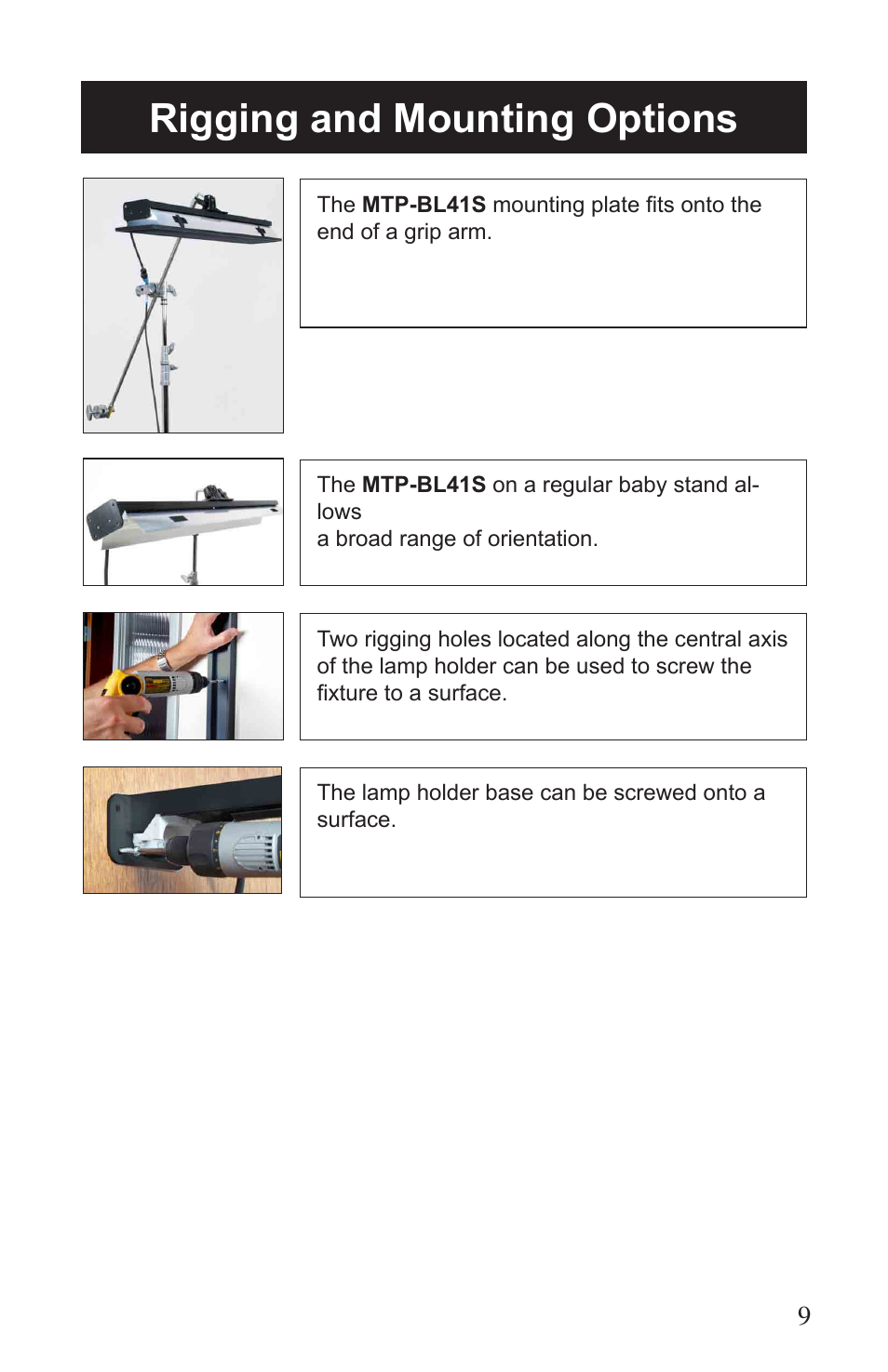 Rigging and mounting options | Kino Flo Vista Single User Manual | Page 9 / 16