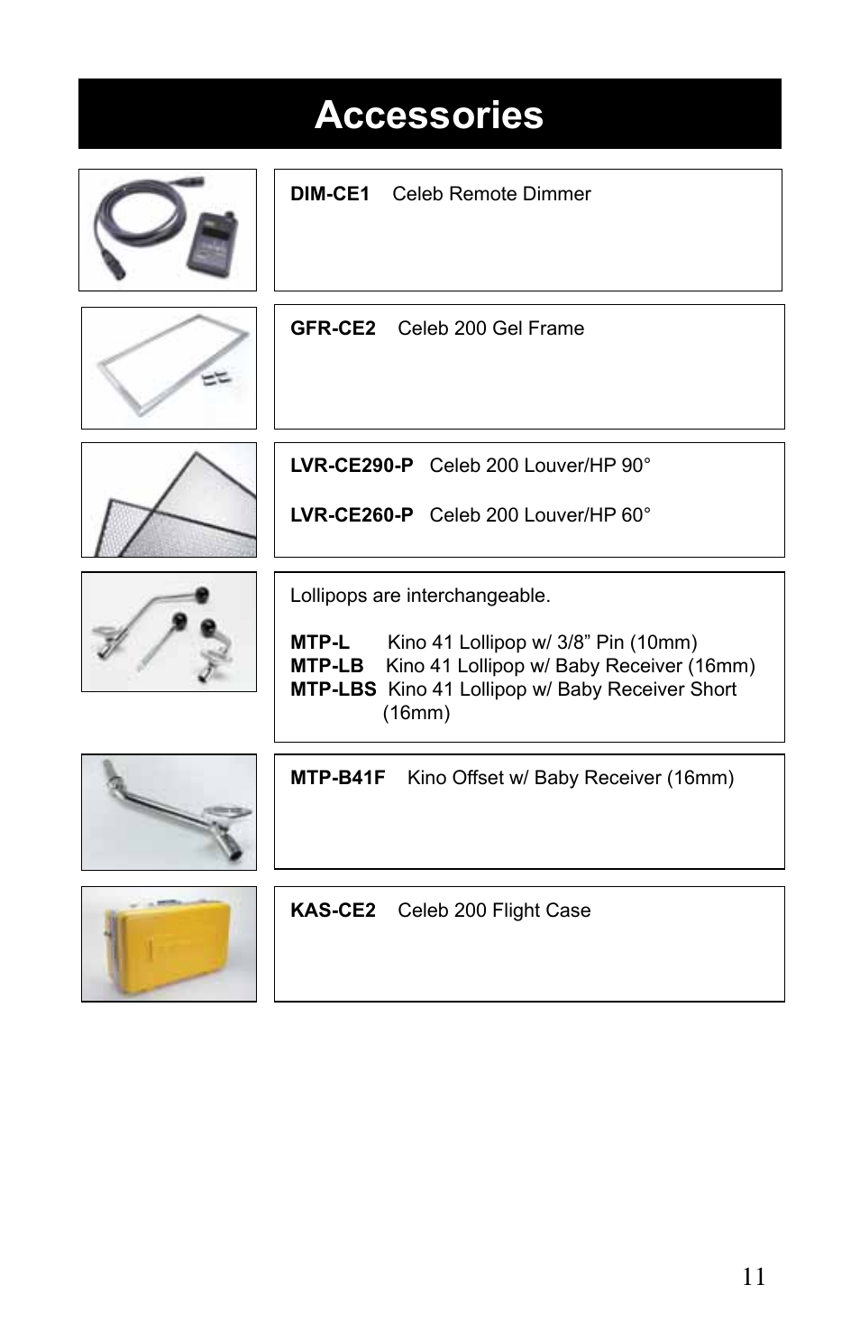 Accessories | Kino Flo Celeb 200 LED User Manual | Page 11 / 12