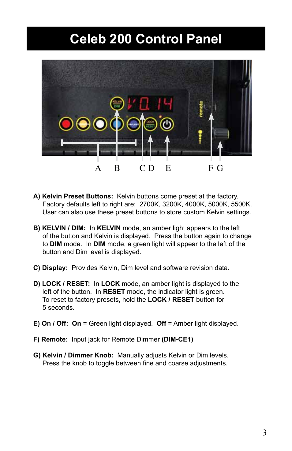 Celeb 200 control panel | Kino Flo Celeb 200 LED User Manual | Page 3 / 12