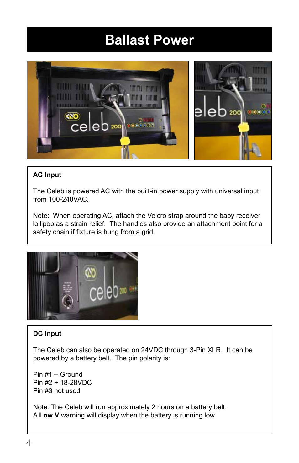 Ballast power | Kino Flo Celeb 200 LED User Manual | Page 4 / 12