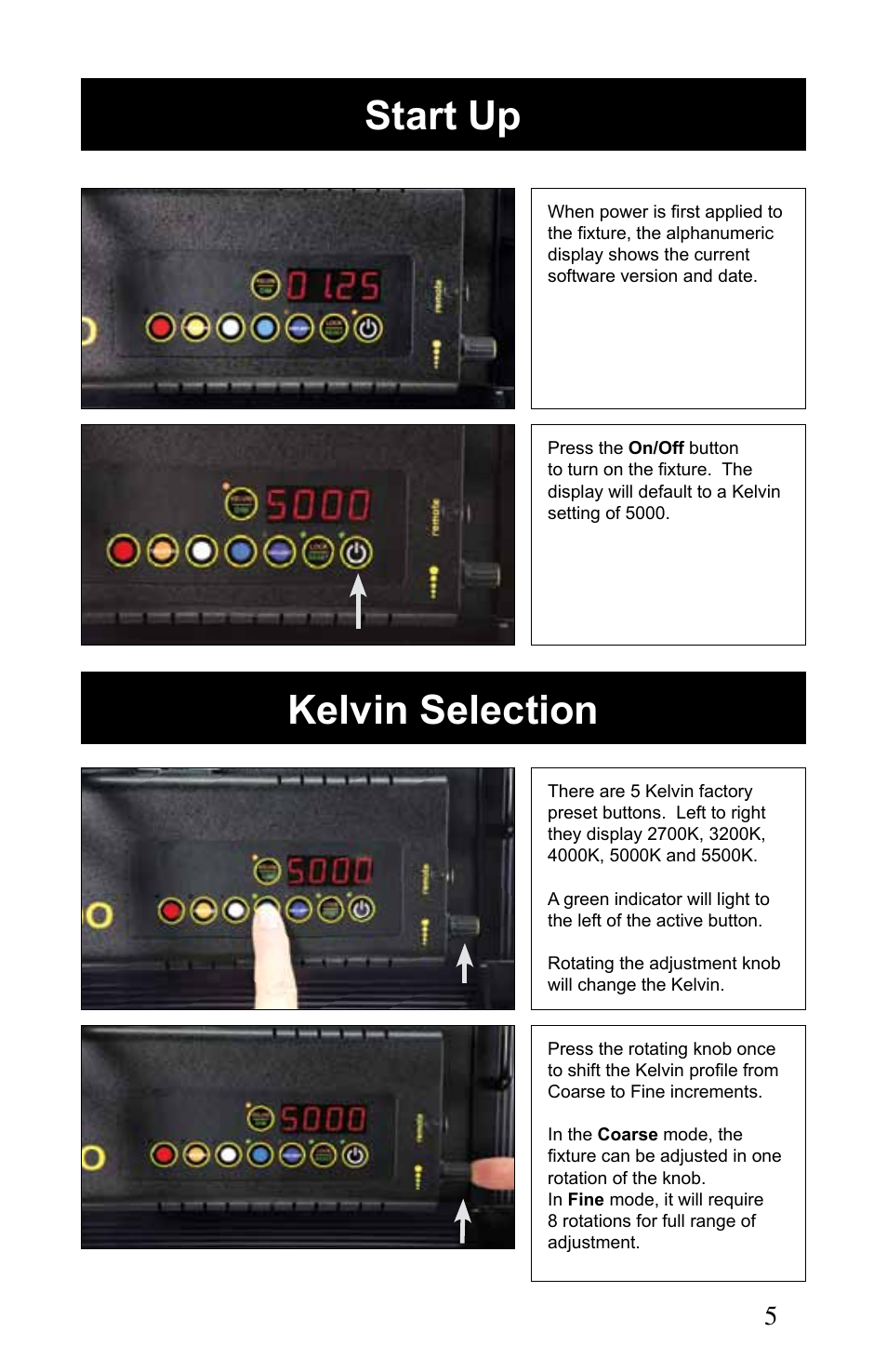 Start up kelvin selection | Kino Flo Celeb 200 LED User Manual | Page 5 / 12