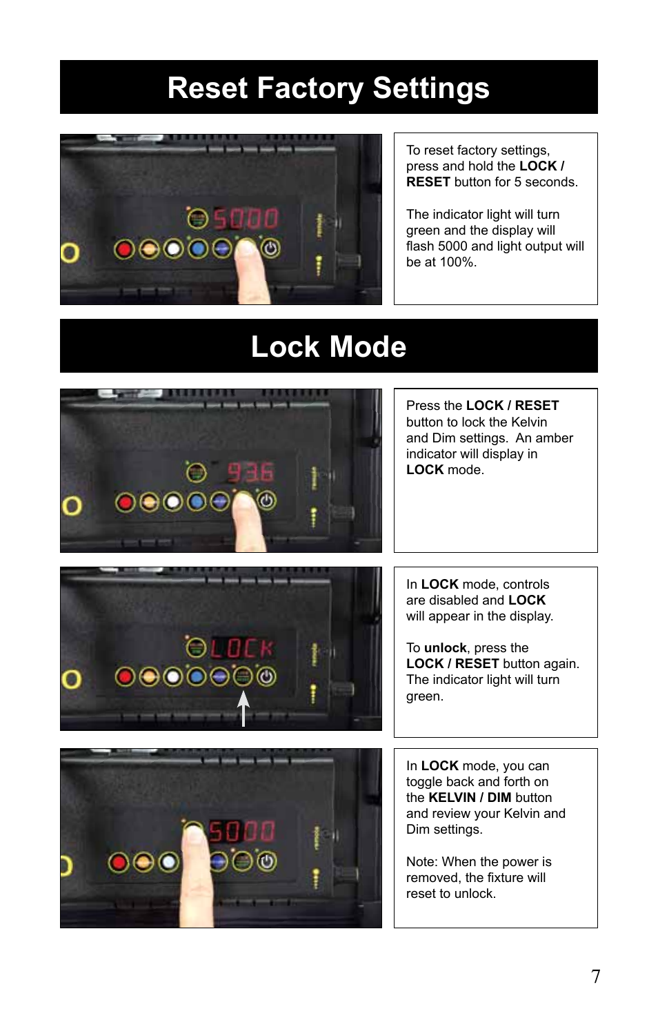 Lock mode reset factory settings | Kino Flo Celeb 200 LED User Manual | Page 7 / 12