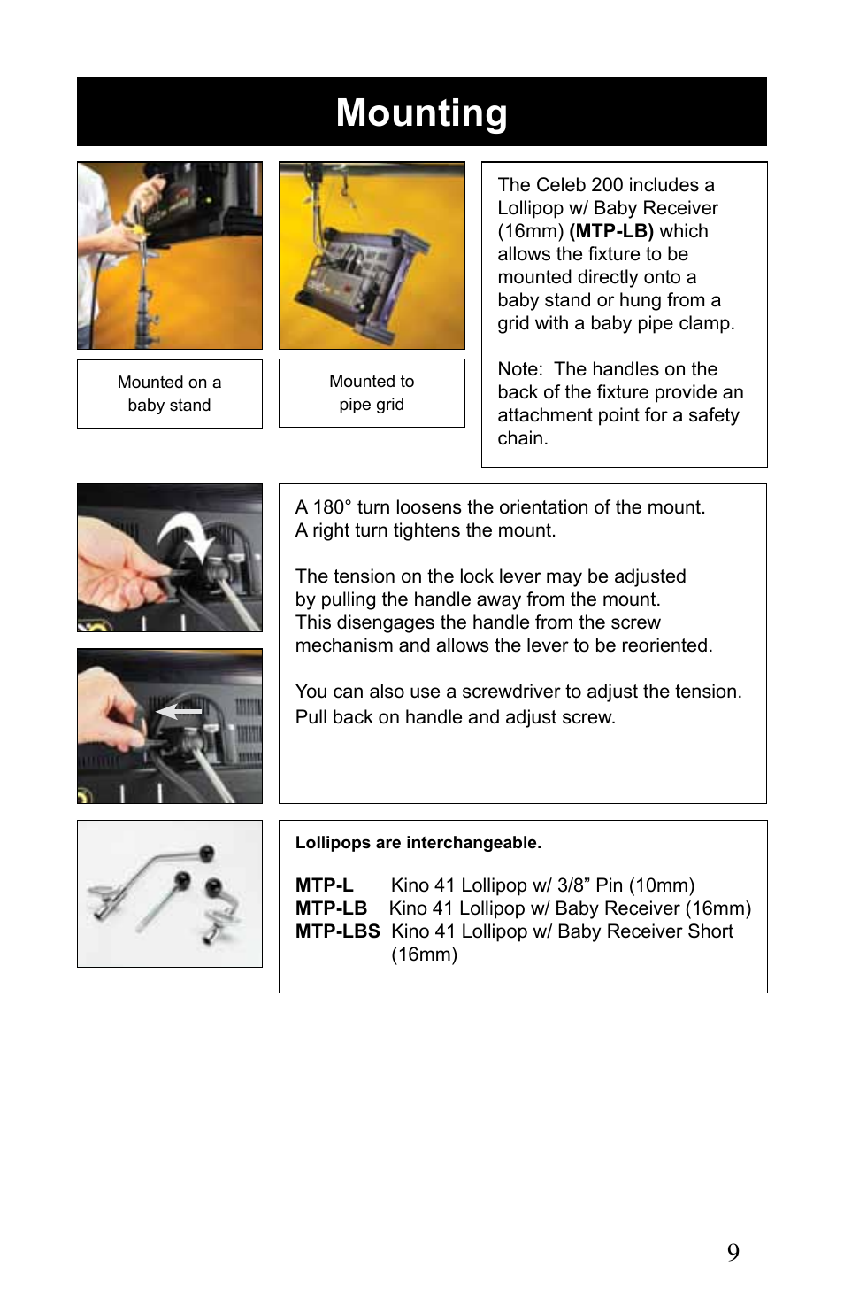 Mounting | Kino Flo Celeb 200 LED User Manual | Page 9 / 12