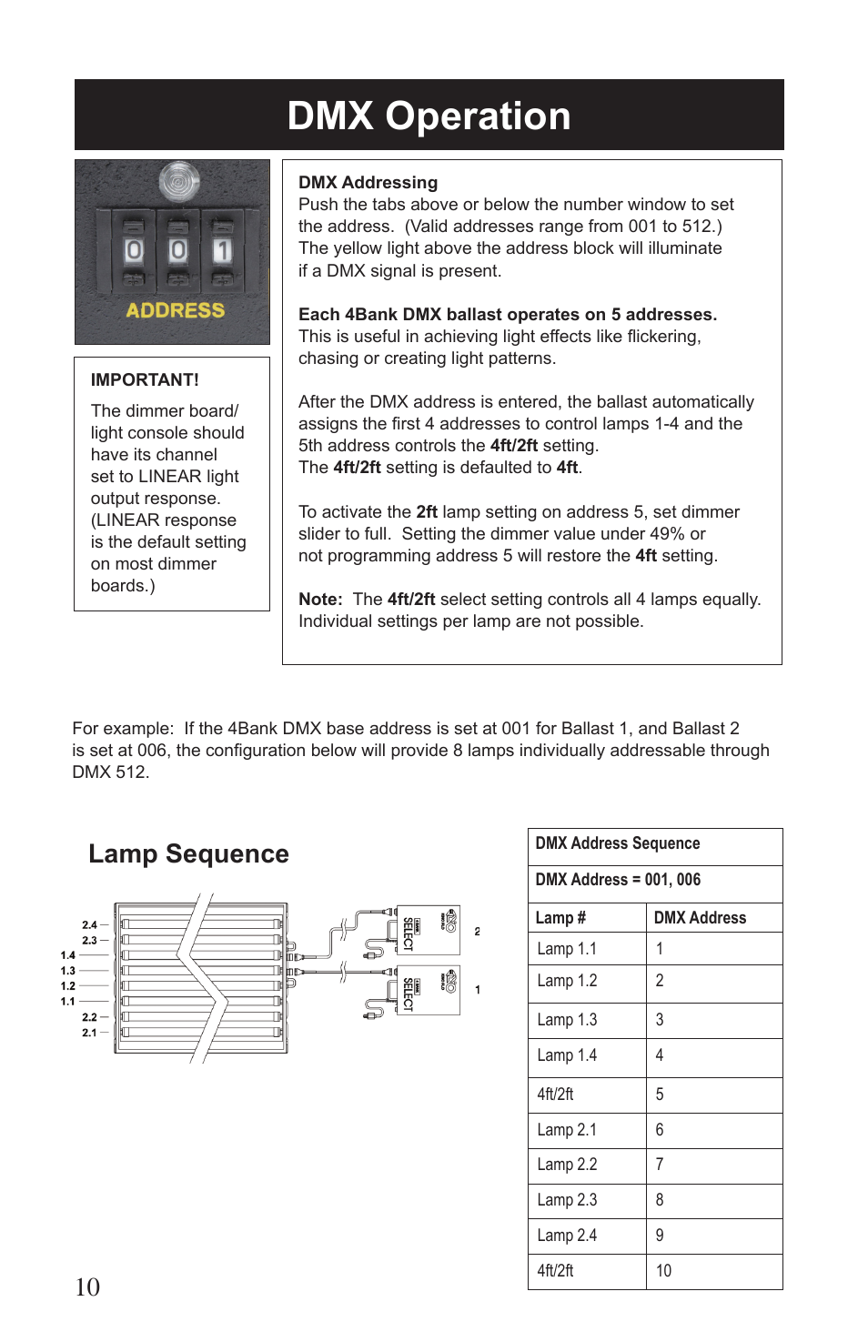 Dmx operation, Lamp sequence | Kino Flo Flathead 80 DMX (415, 455) User Manual | Page 10 / 16