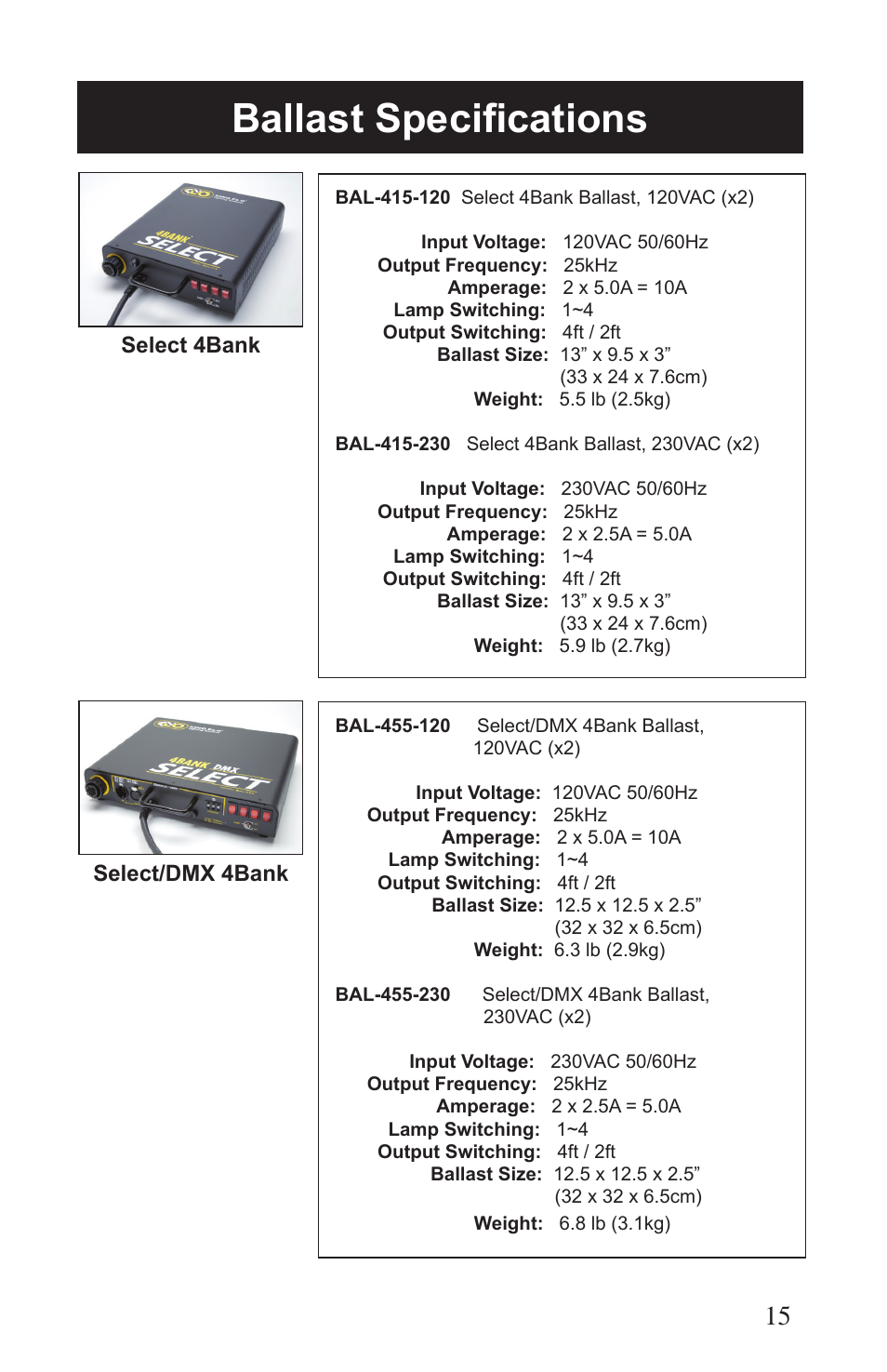Ballast specifications, Select 4bank select/dmx 4bank | Kino Flo Flathead 80 DMX (415, 455) User Manual | Page 15 / 16