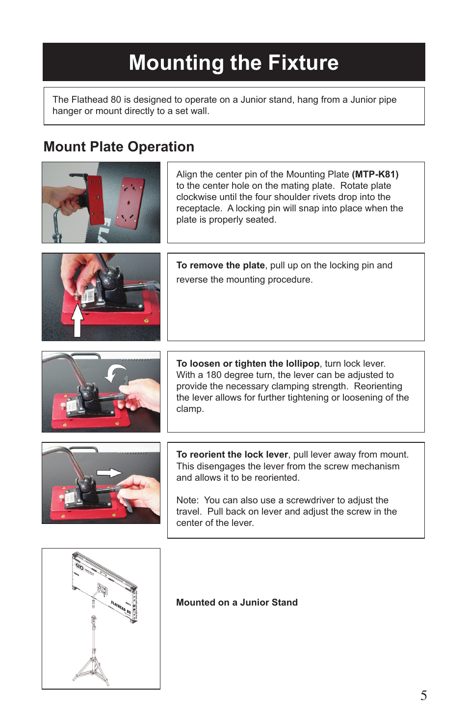 Mounting the fixture, Mount plate operation | Kino Flo Flathead 80 DMX (415, 455) User Manual | Page 5 / 16