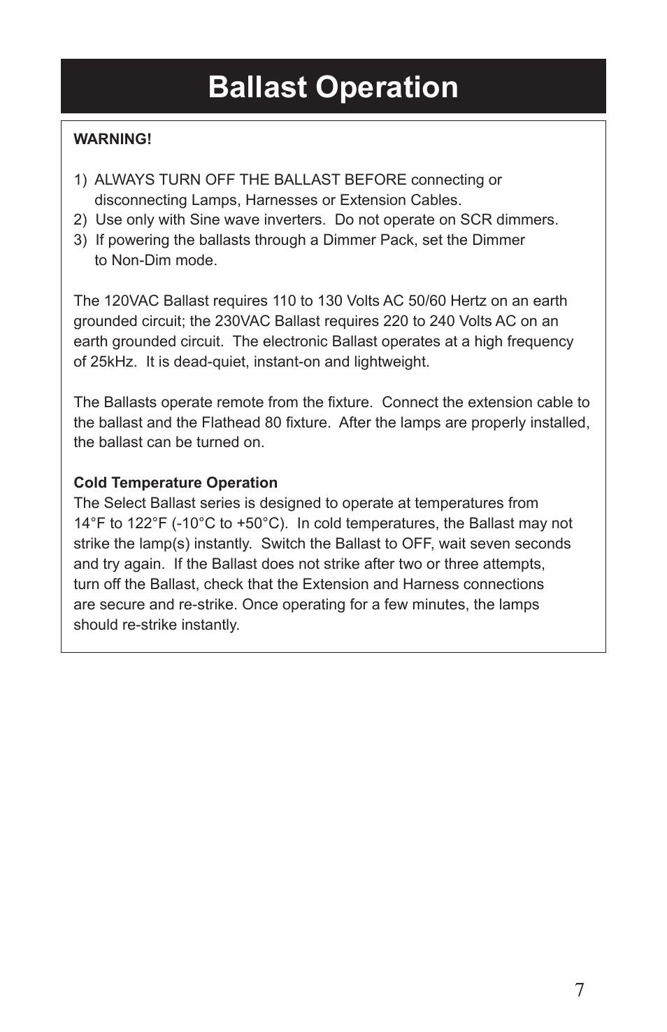 Ballast operation | Kino Flo Flathead 80 DMX (415, 455) User Manual | Page 7 / 16
