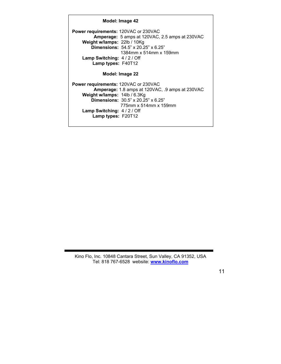 Kino Flo Image 82, 42 & 22 User Manual | Page 11 / 11