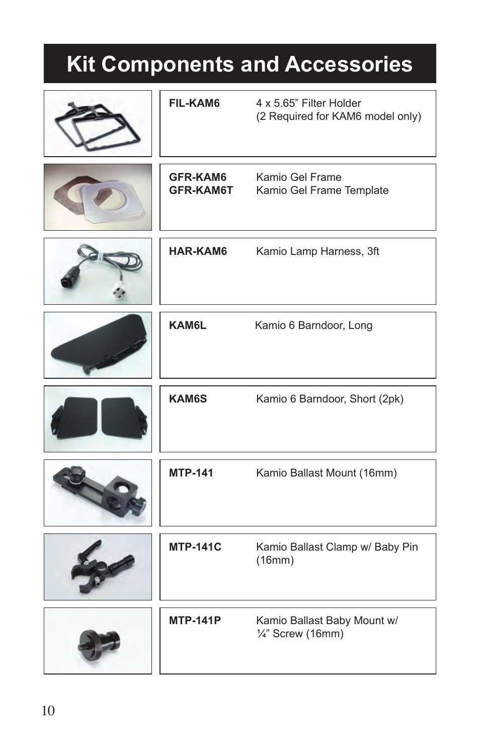 Kit components and accessories | Kino Flo Kamio Kit Kam 6 User Manual | Page 10 / 12