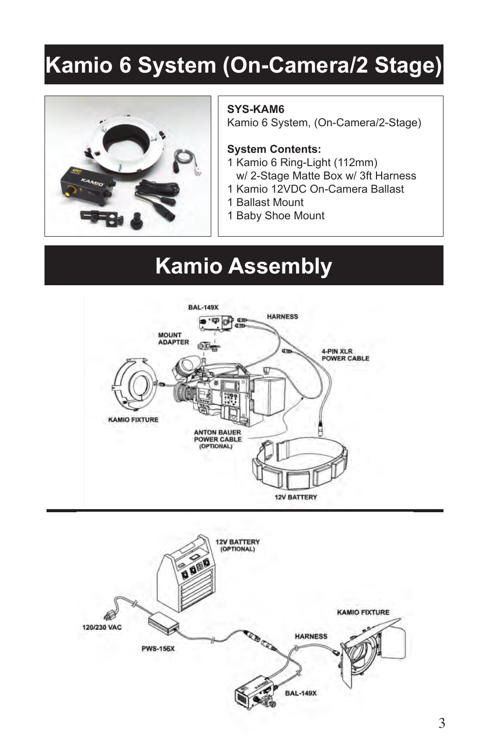 Kamio 6 system (on-camera/2 stage), Kamio assembly | Kino Flo Kamio Kit Kam 6 User Manual | Page 3 / 12