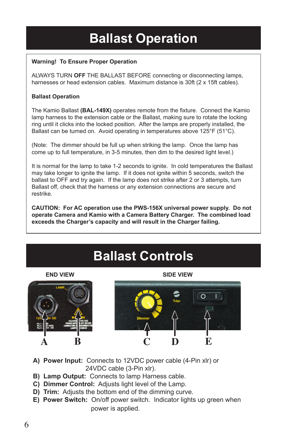 Ballast operation ballast controls, Ab c d e | Kino Flo Kamio Kit Kam 6E User Manual | Page 6 / 12