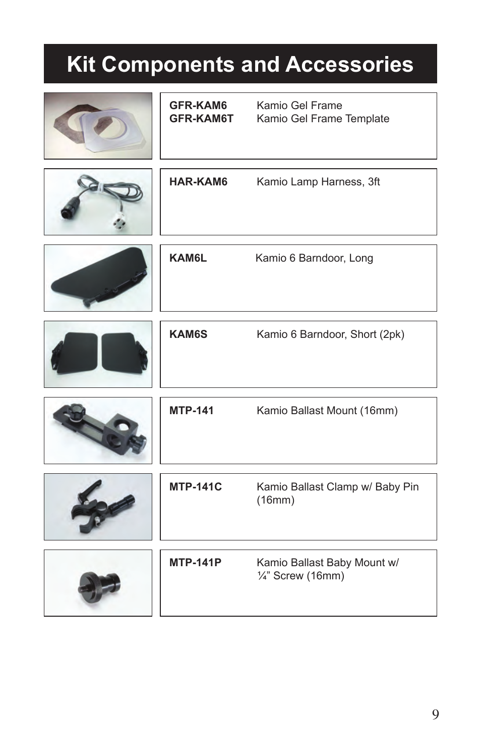 Kit components and accessories | Kino Flo Kamio Kit Kam 6E User Manual | Page 9 / 12