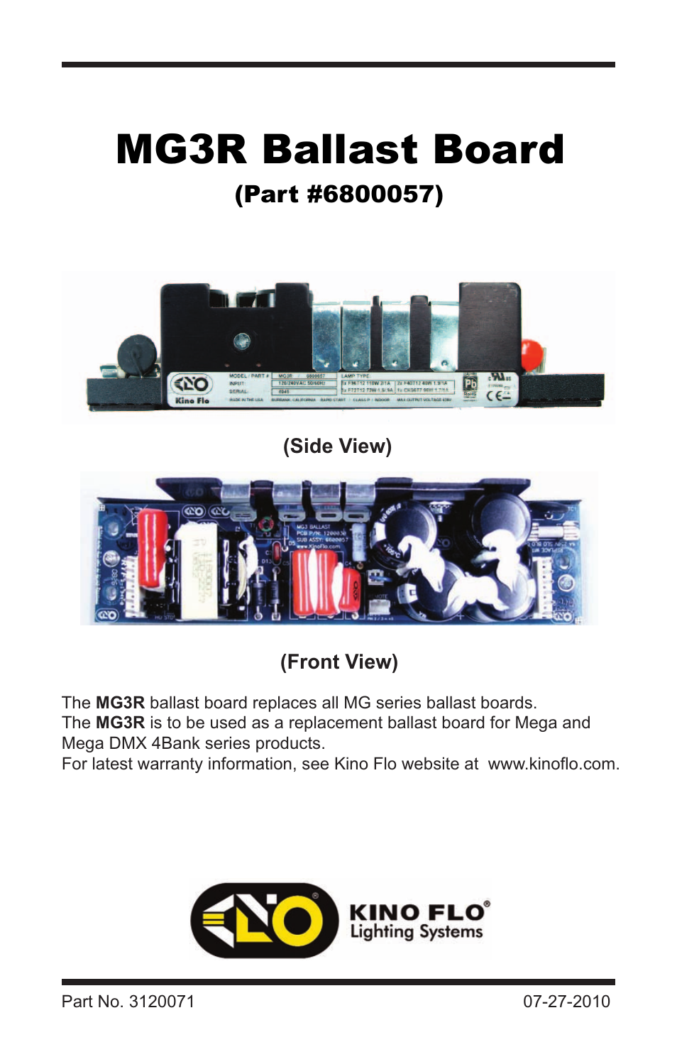 Kino Flo MG3R Ballast Board User Manual | 4 pages