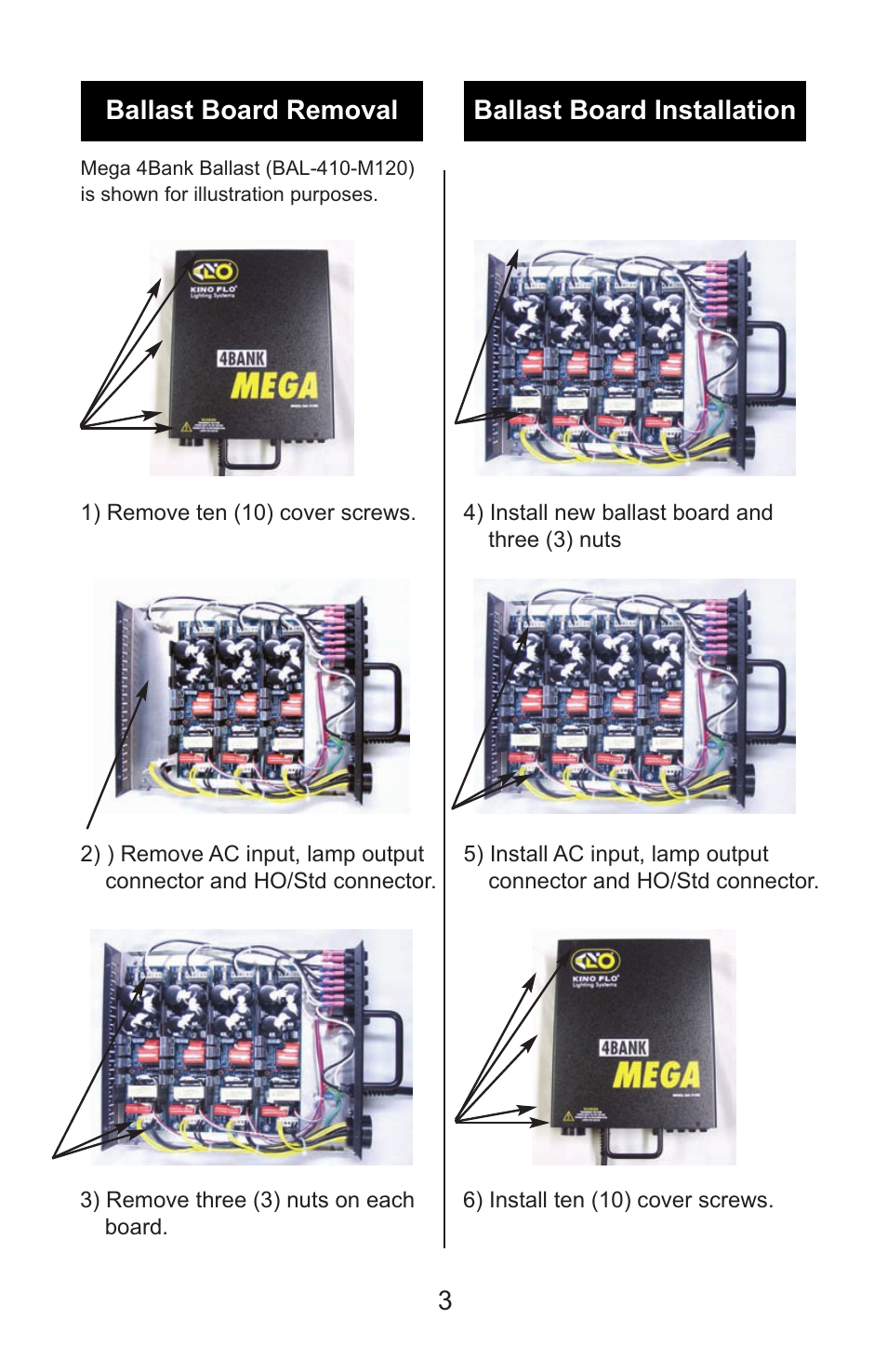 Ballast board removal ballast board installation | Kino Flo MG3R Ballast Board User Manual | Page 3 / 4