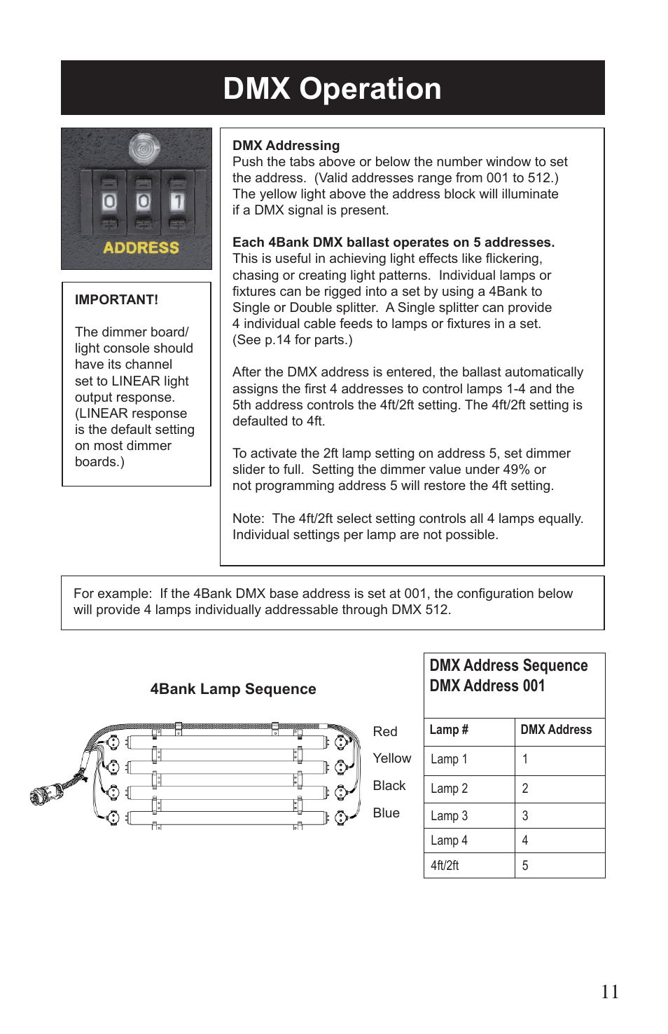 Dmx operation, Dmx address sequence dmx address 001 | Kino Flo Select/DMX 4Bank (BAL-455) User Manual | Page 11 / 20