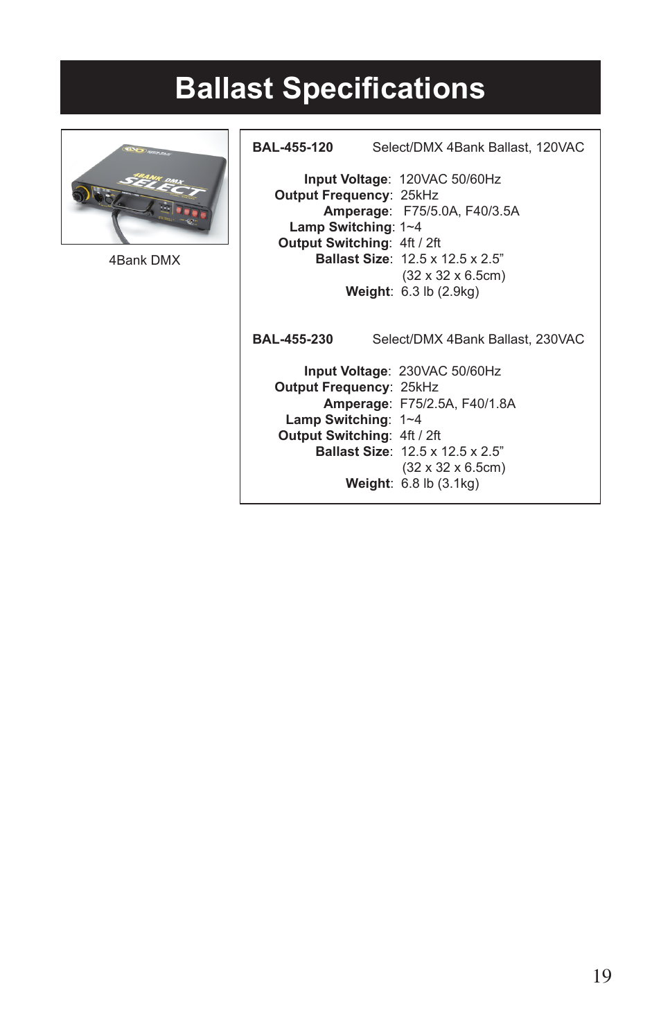 Ballast specifications | Kino Flo Select/DMX 4Bank (BAL-455) User Manual | Page 19 / 20