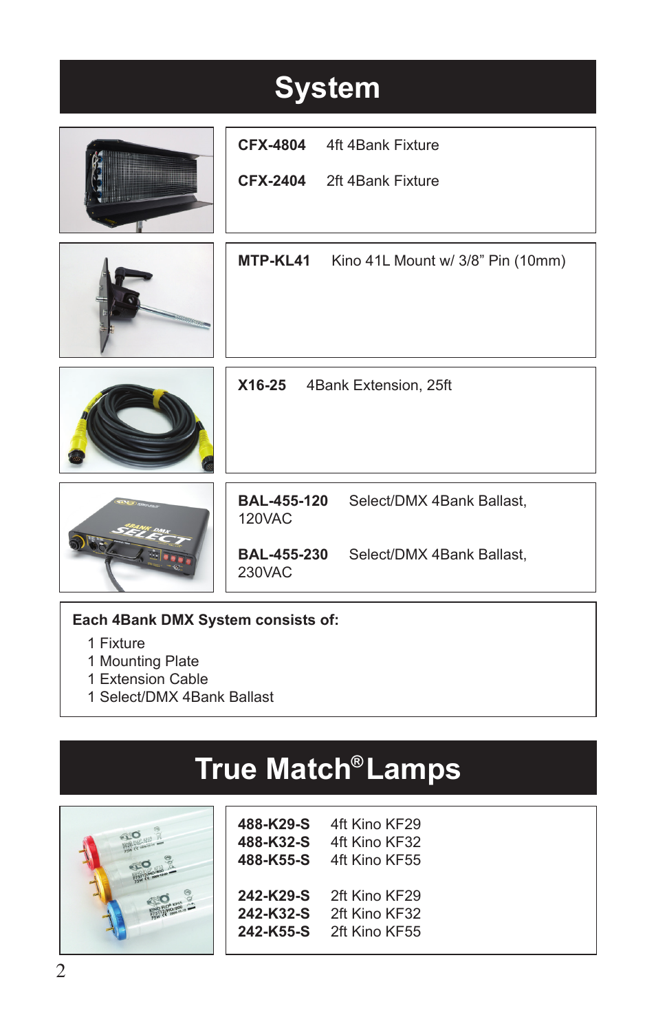 System, True match, Lamps | Kino Flo Select/DMX 4Bank (BAL-455) User Manual | Page 2 / 20