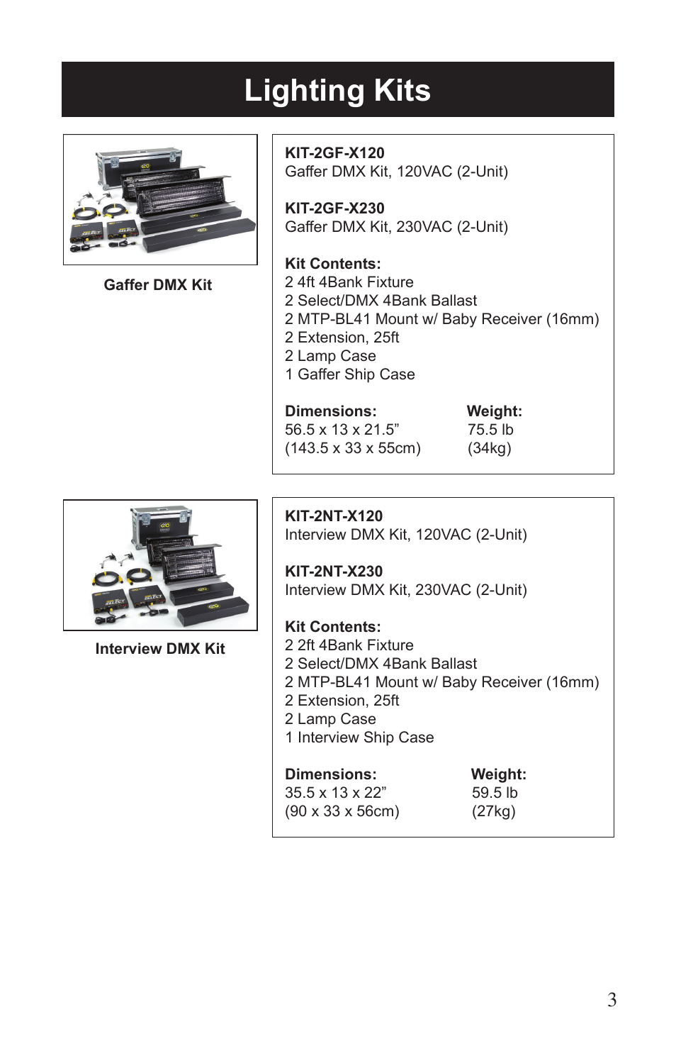 Lighting kits | Kino Flo Select/DMX 4Bank (BAL-455) User Manual | Page 3 / 20