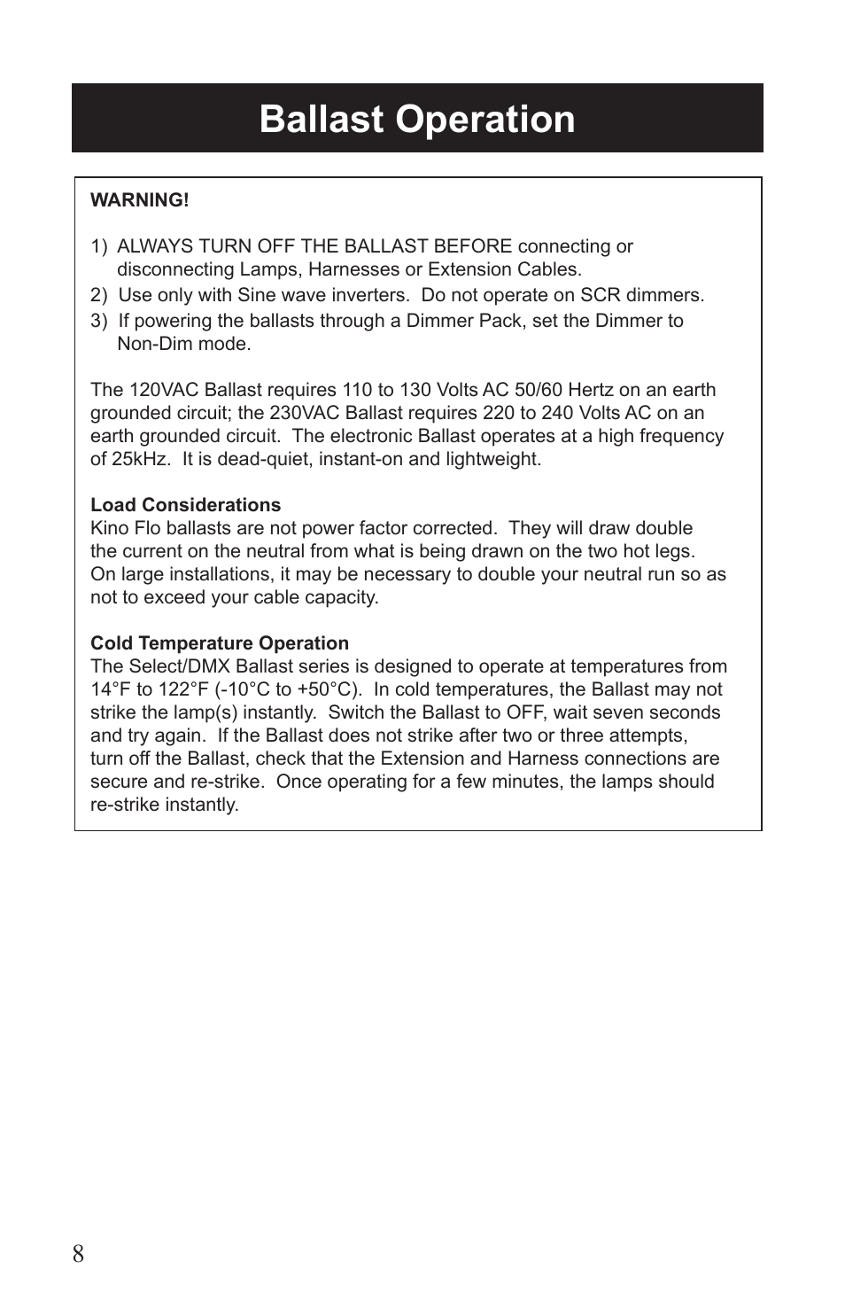 Ballast operation | Kino Flo Select/DMX 4Bank (BAL-455) User Manual | Page 8 / 20