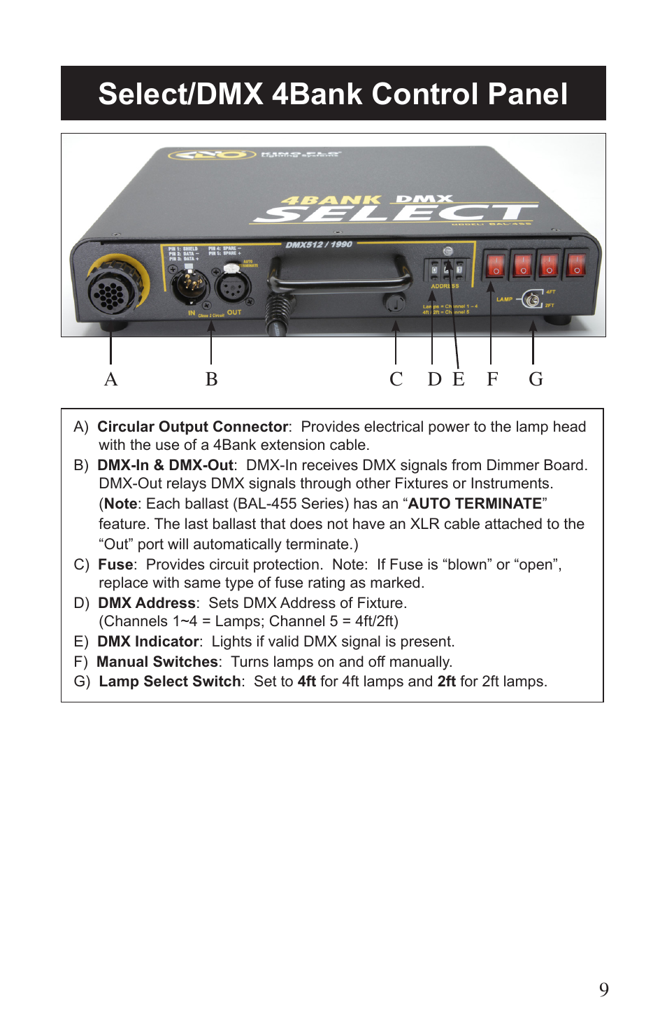 Select/dmx 4bank control panel | Kino Flo Select/DMX 4Bank (BAL-455) User Manual | Page 9 / 20