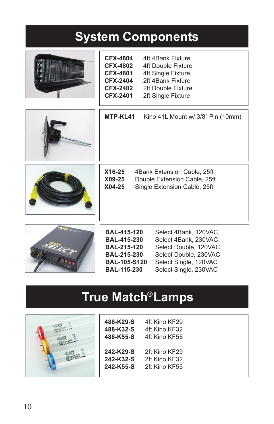 System components, True match, Lamps | Kino Flo Select Single(115, 105) User Manual | Page 10 / 20