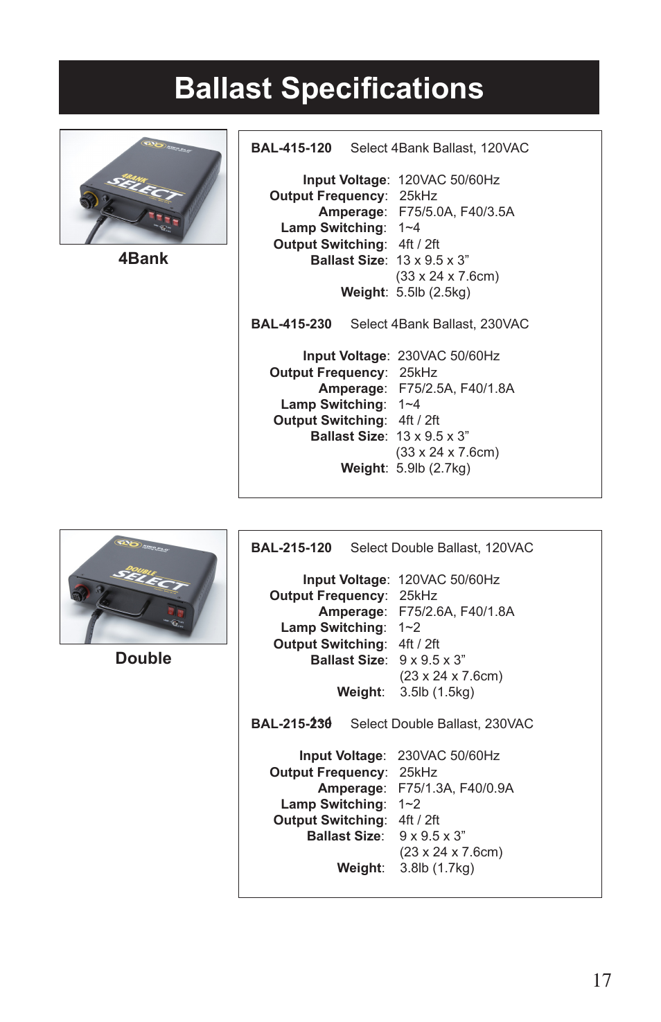 Ballast specifications, 4bank double | Kino Flo Select Single(115, 105) User Manual | Page 17 / 20
