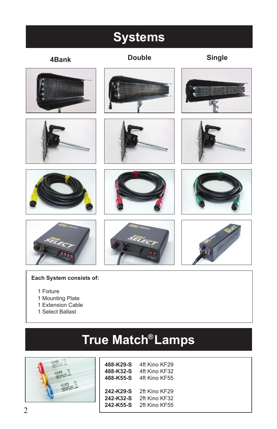 Systems, True match, Lamps | Kino Flo Select Single(115, 105) User Manual | Page 2 / 20