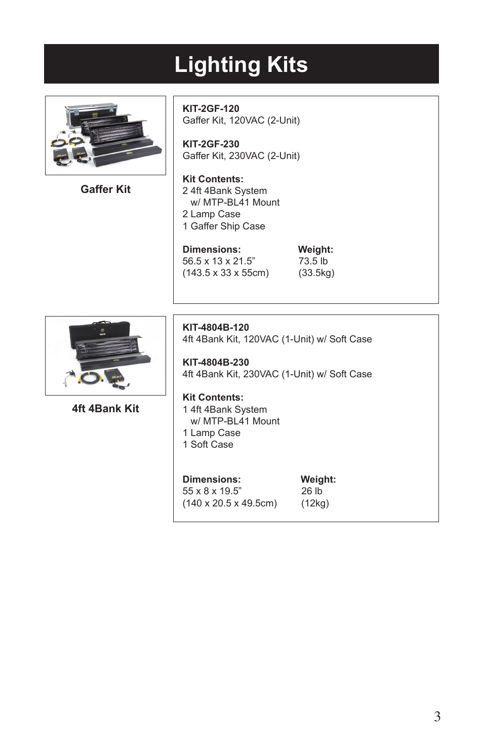 Lighting kits | Kino Flo Select Single(115, 105) User Manual | Page 3 / 20