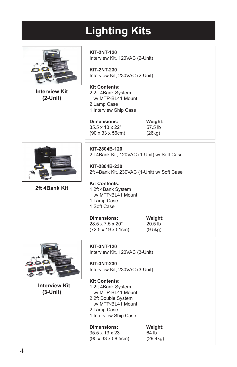Lighting kits | Kino Flo Select Single(115, 105) User Manual | Page 4 / 20