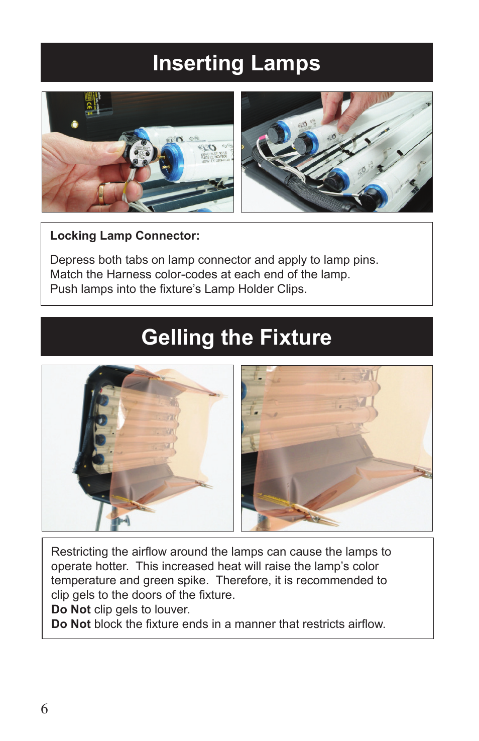 Inserting lamps gelling the fixture | Kino Flo Select Single(115, 105) User Manual | Page 6 / 20