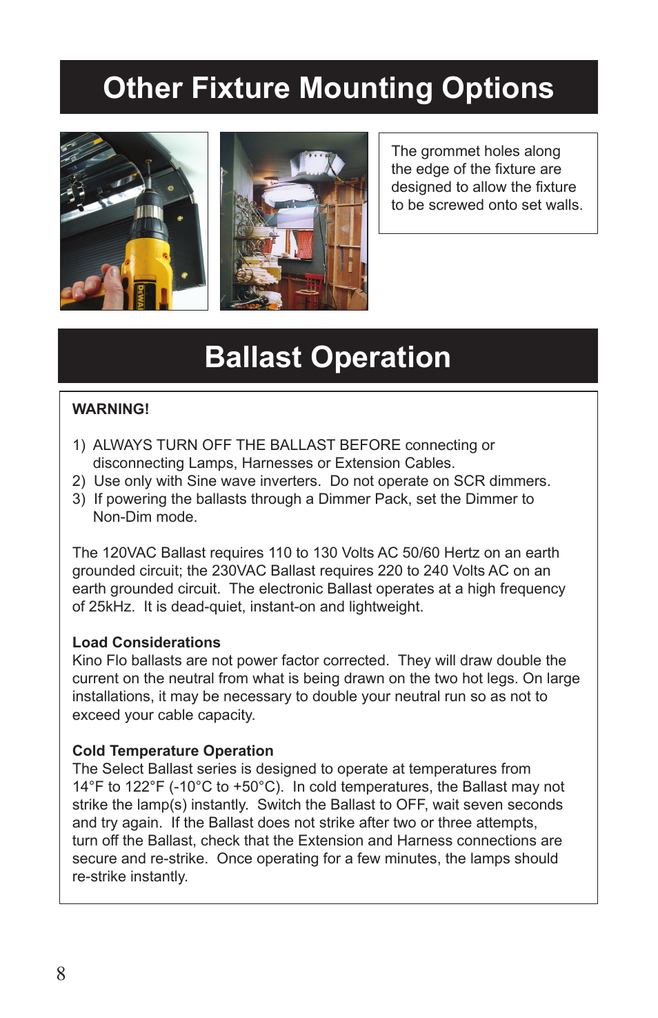 Other fixture mounting options, Ballast operation | Kino Flo Select Single(115, 105) User Manual | Page 8 / 20